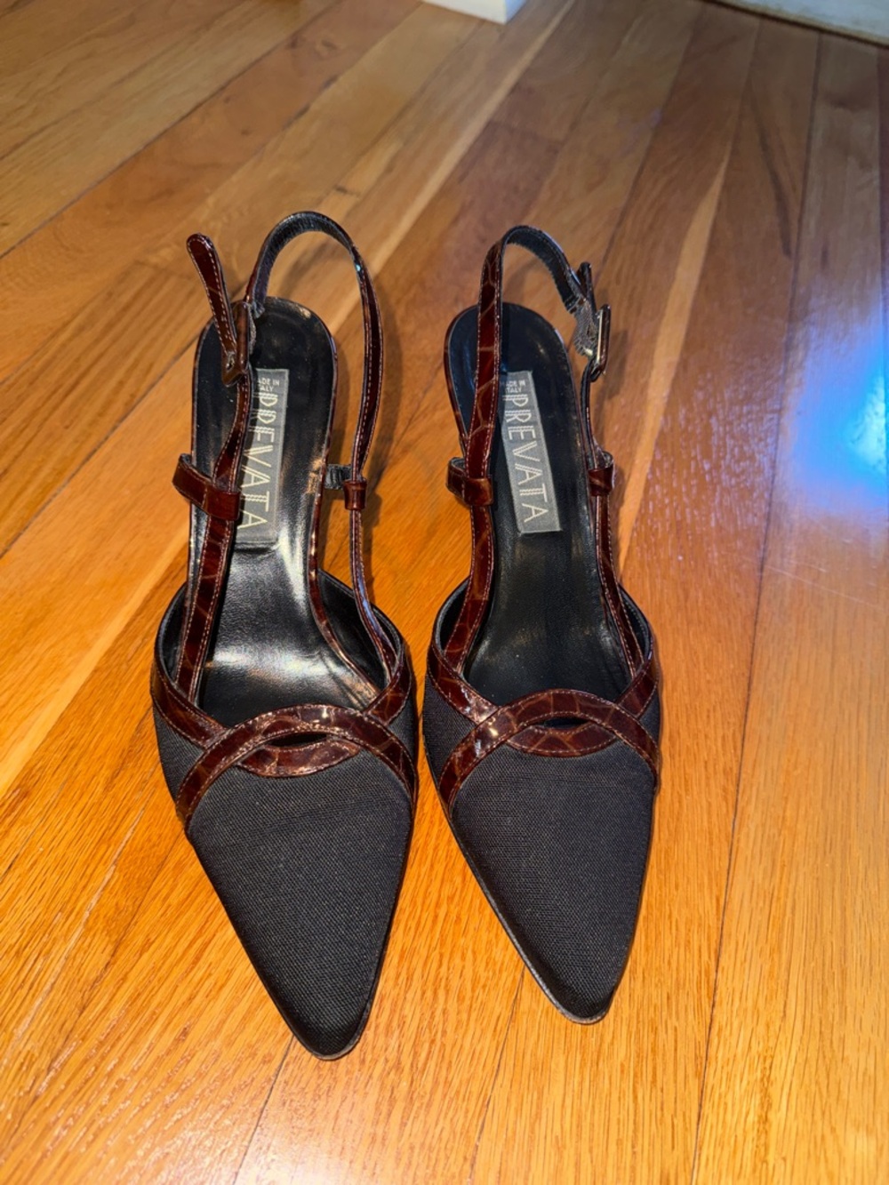 Prevata Black Pointed Slingback Heels with Brown Patent Trim